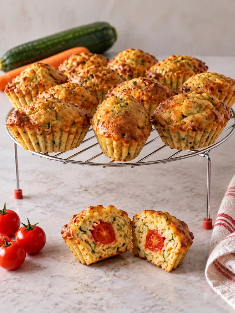 Moelleux de légumes dorés à la courgette et carotte sur une grille, avec un moelleux ouvert révélant son cœur fondant de tomate cerise.