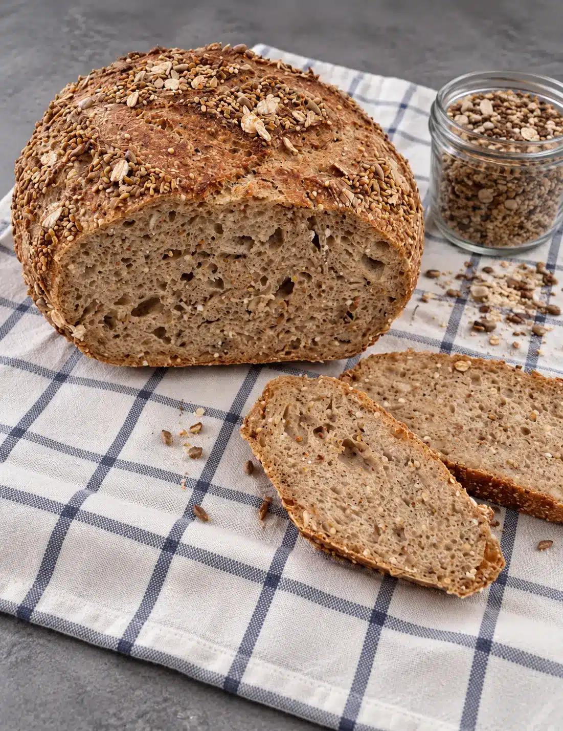Pain multigraines maison au levain, mie moelleuse et riche en graines. 2 tranches découpées et pot de mélange de graines