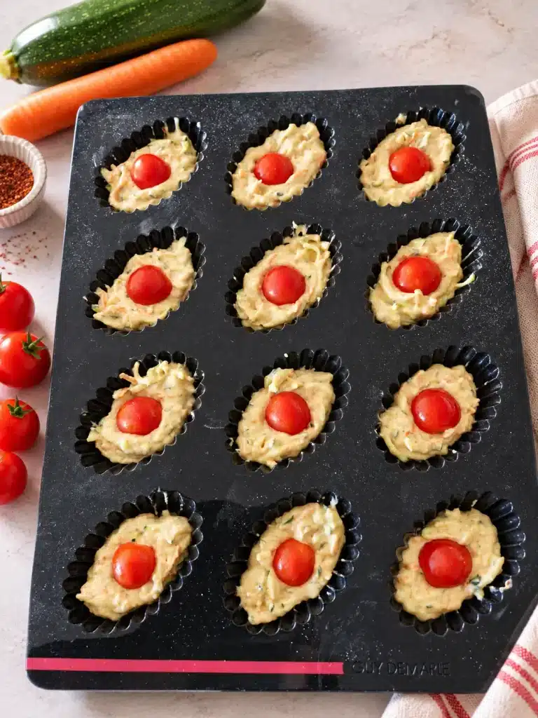 Préparation des moelleux de légumes avec les cœurs de tomates cerises dans le moule Demarle